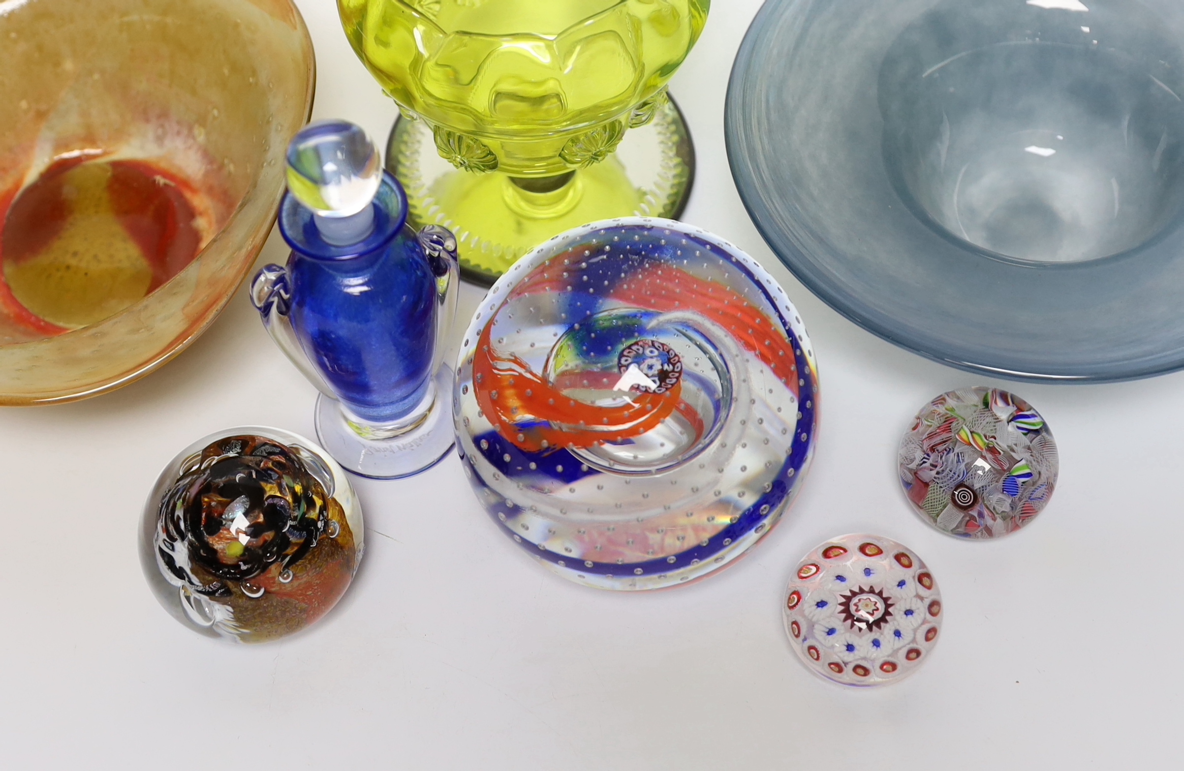 A group of mixed studio glass and a collection of four paperweights including one large Caithness
